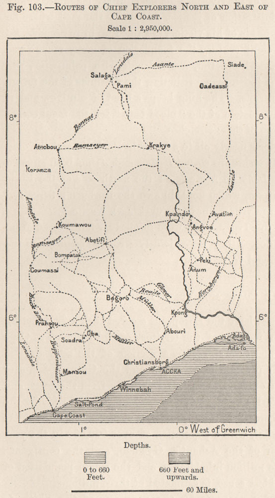 Explorers' routes north & east of Cape Coast. Ghana. Upper Guinea 1885 old map